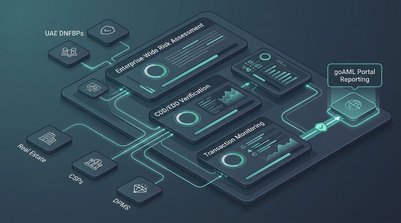 An isometric AML compliance dashboard interface mapping DNFBP inputs to goAML reporting.