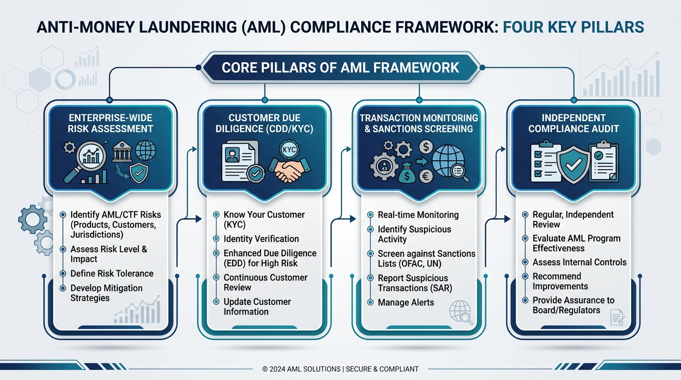 Infographic illustrating the four key pillars of a robust AML compliance framework for businesses in Dubai.