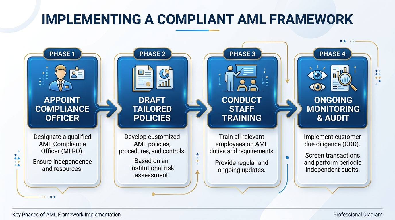 Infographic showing the four essential phases of establishing a compliant AML framework for businesses in the UAE.