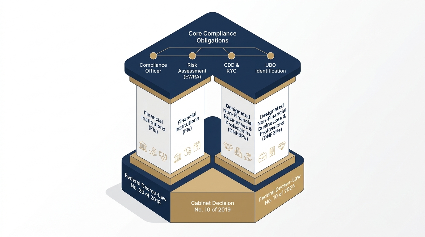 Infographic showing the UAE AML regulatory framework with its legislative foundation, regulated sectors, and core compliance obligations.