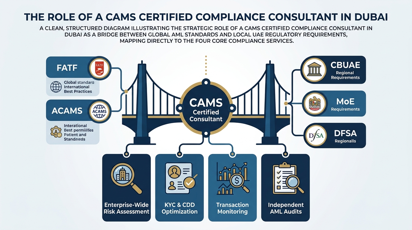 Infographic showing how a CAMS certified compliance consultant in Dubai aligns global standards with UAE regulations.
