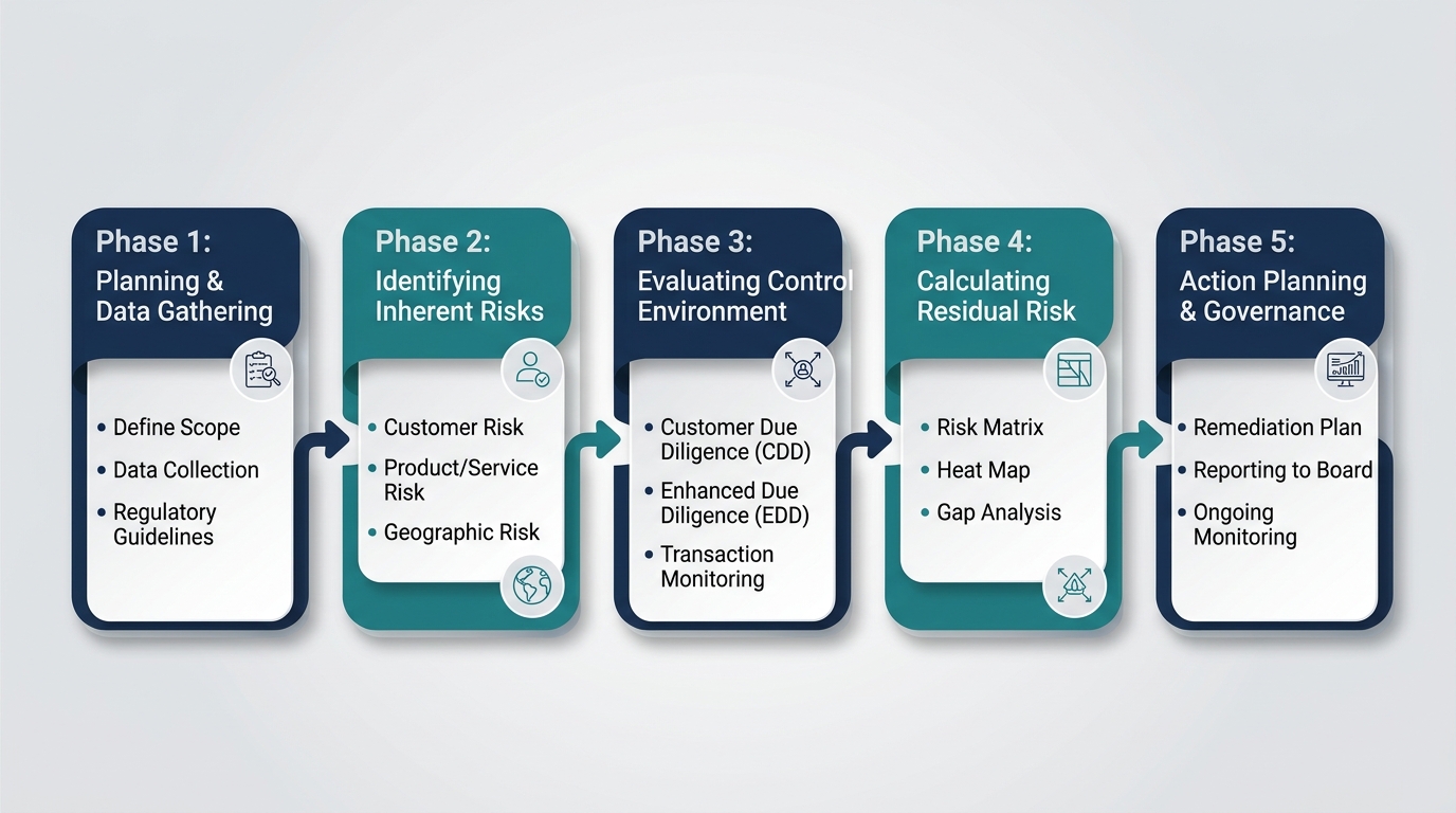 Infographic showing the 5-phase Enterprise-Wide Risk Assessment (EWRA) methodology for AML compliance in Dubai.