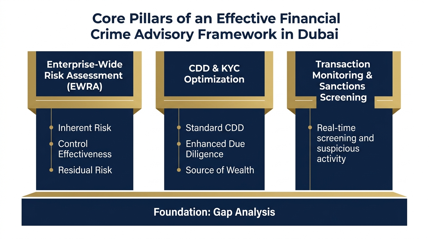 Infographic diagram of the core pillars of a Dubai financial crime advisory framework, detailing EWRA, CDD, and transaction monitoring.