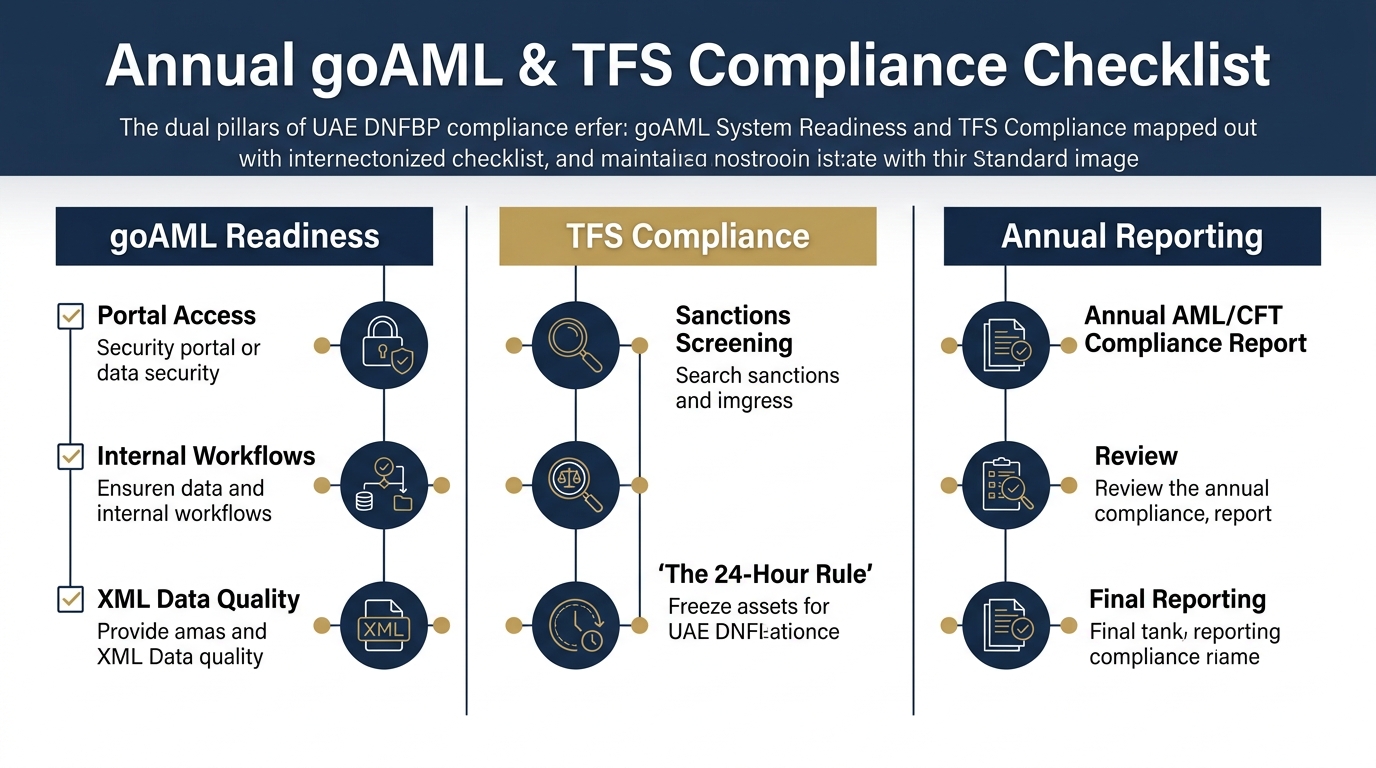 A 3-column infographic checklist detailing goAML system readiness, TFS compliance, and annual reporting requirements for UAE DNFBPs.