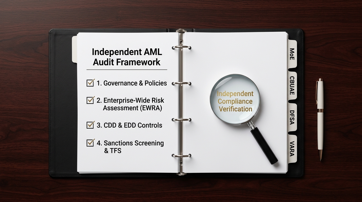 An open independent AML audit binder with regulatory tabs and a magnifying glass on a desk.