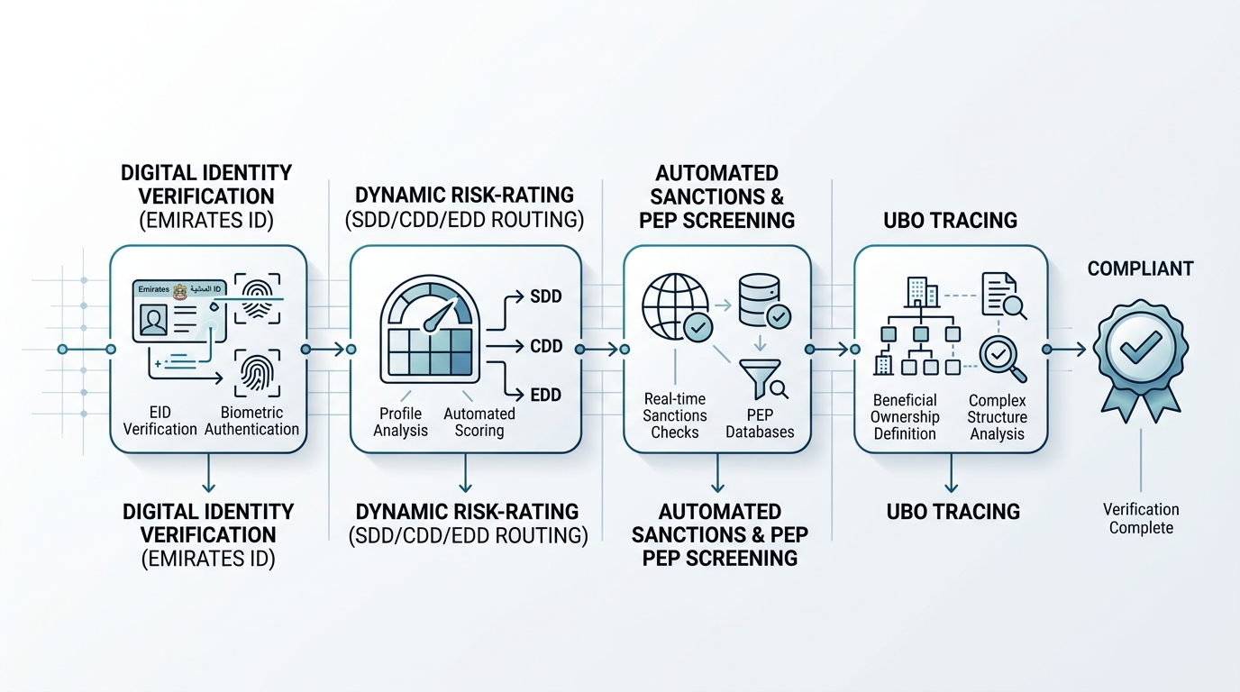 A step-by-step infographic of an optimized KYC and CDD customer onboarding pipeline showing four compliance verification steps.