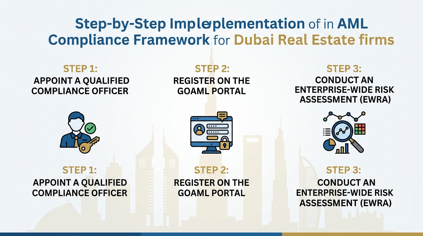 Infographic showing the step-by-step implementation of an AML compliance framework for Dubai real estate.
