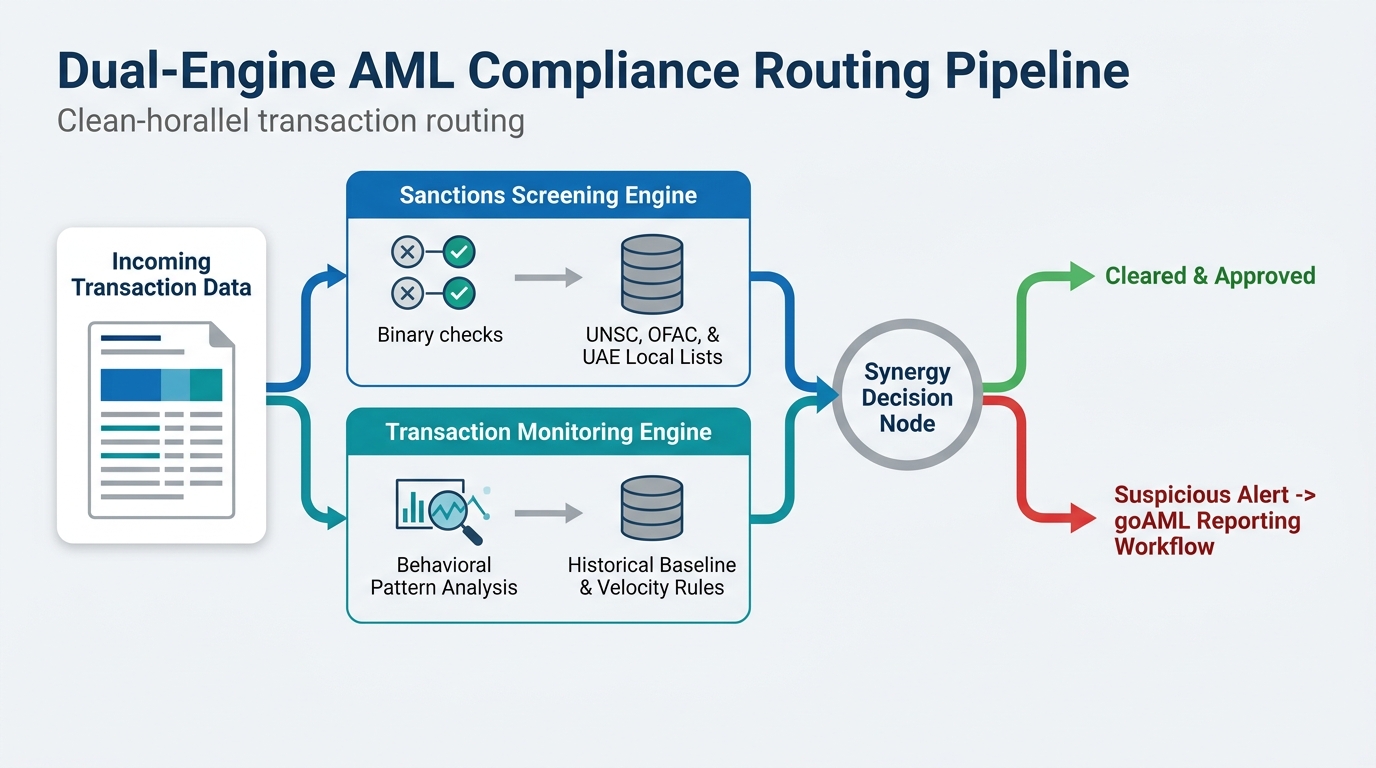 Diagram showing how transaction monitoring and sanctions screening engines process transactions in Dubai.