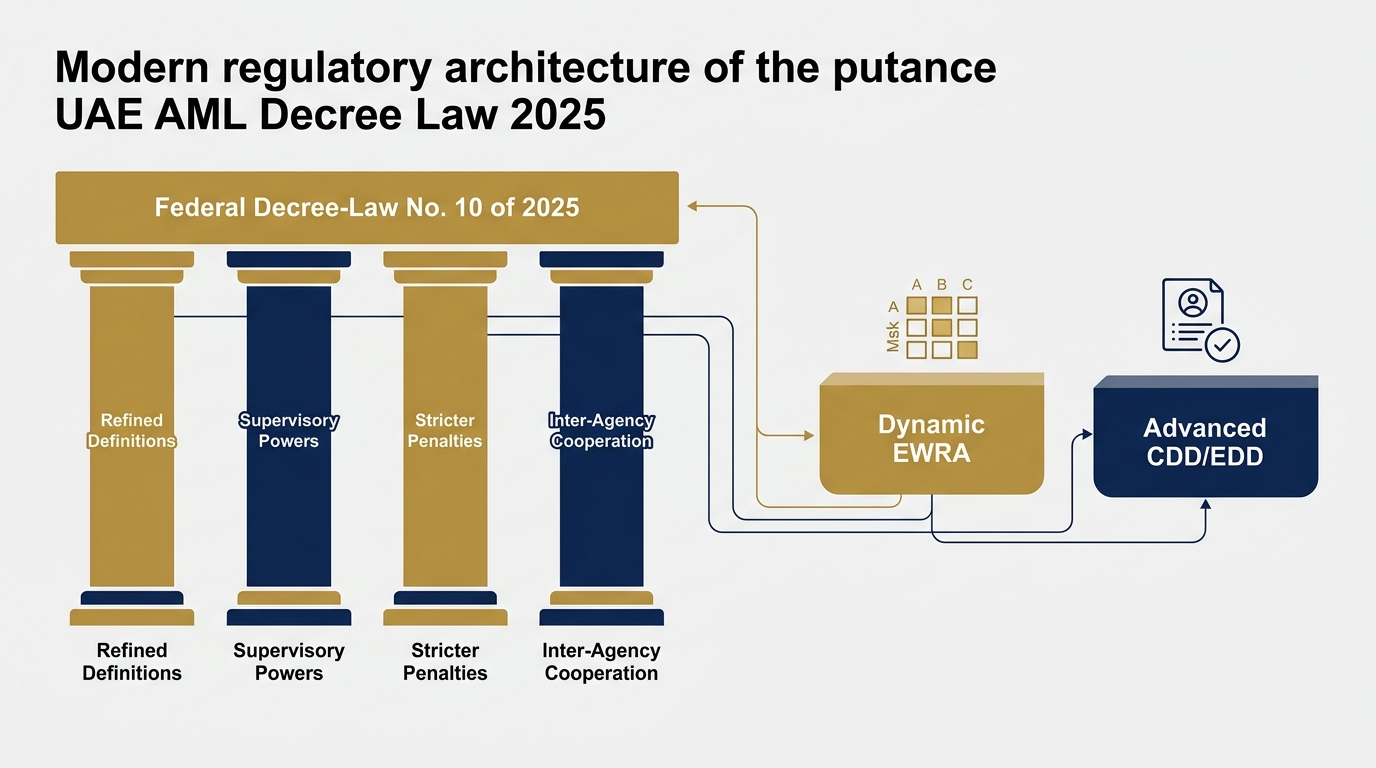 Diagram showing the regulatory structure of the UAE AML Decree Law 2025 and its operational compliance pillars.